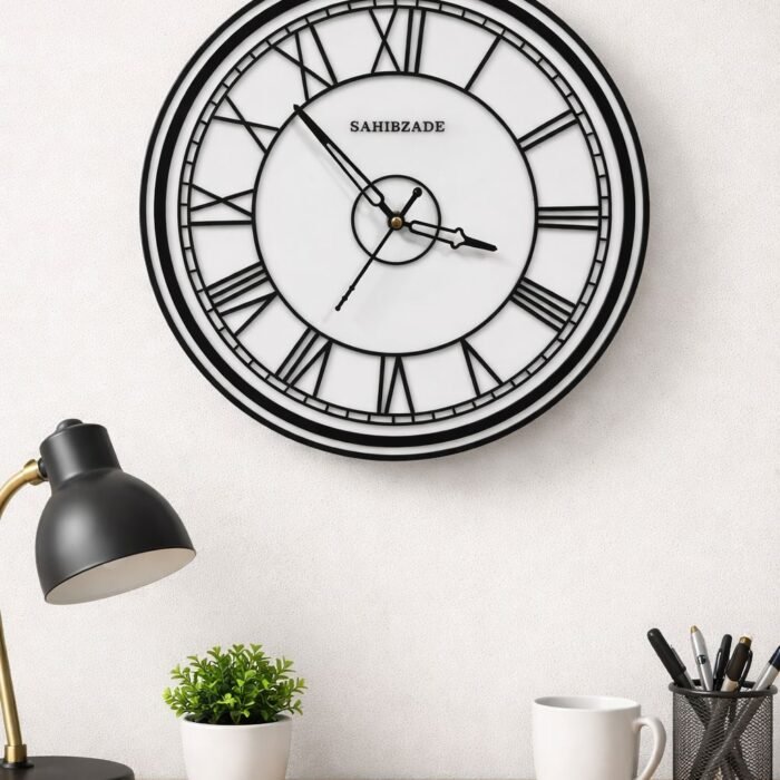 Wall Clock, 12 Inch Round Acrylic Clock with Roman Numerals, Black and White Design for Living Room, Bedroom, Office